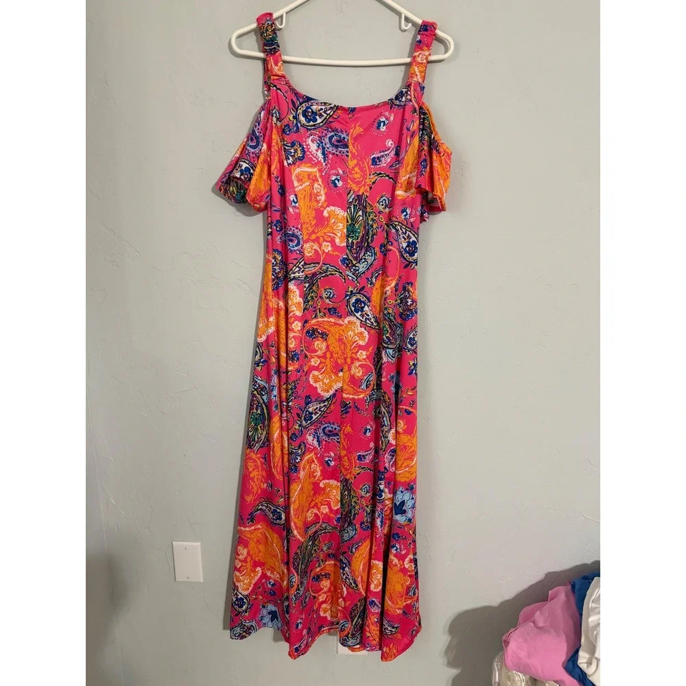 24seven Comfort Apparel Pink Paisley Cold Shoulder Maxi Dress Womens Medium NEW